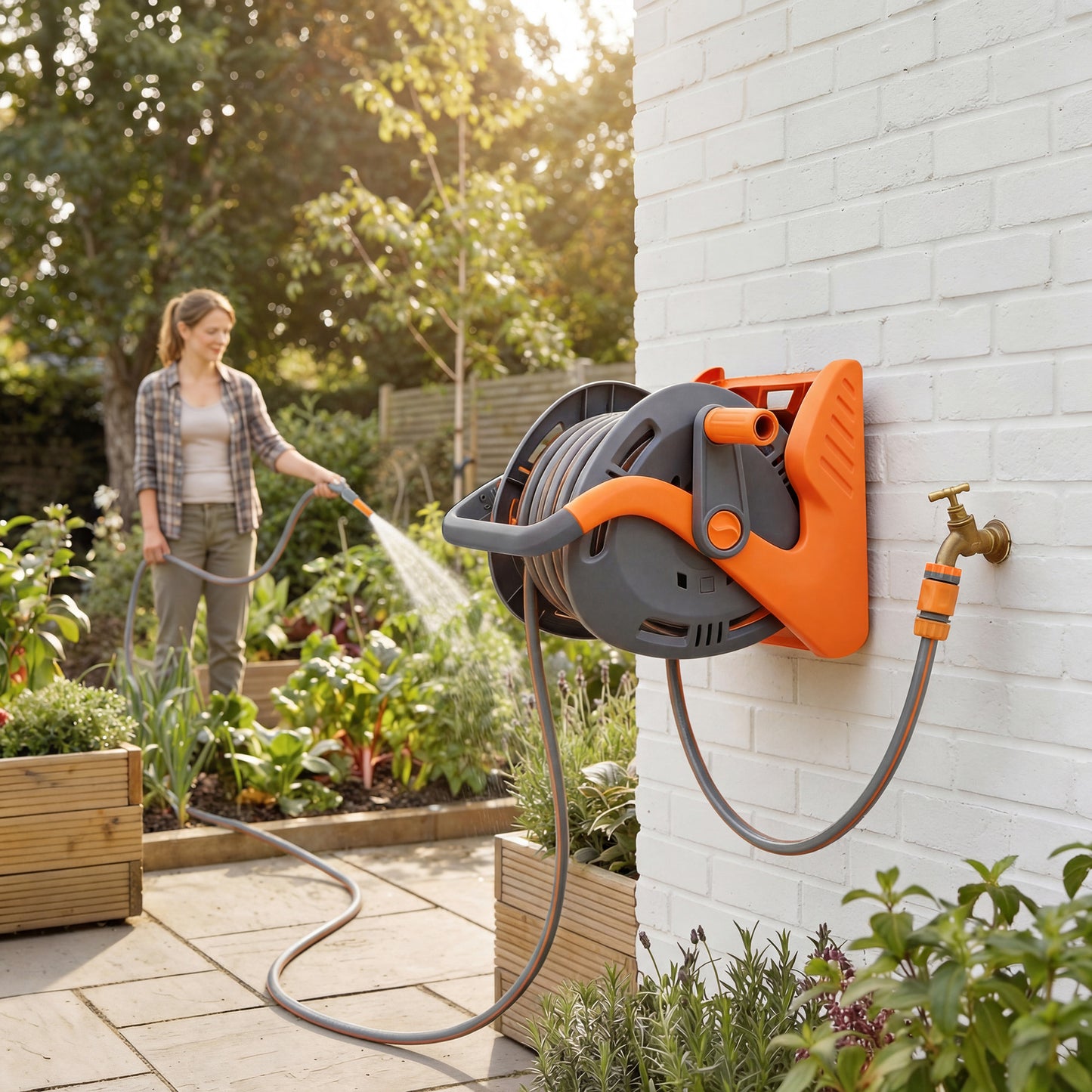Portable Garden Hose Reel, 20+2 m Wall Mounted Hose Reel with 2 Patterns Spray Nozzle and Crank Handle, Orange