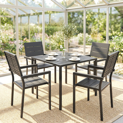 5 Pieces Garden Dining Set, Garden Table and Chairs Set for 4 with Square HDPE Table and Chairs with Armrests, Black