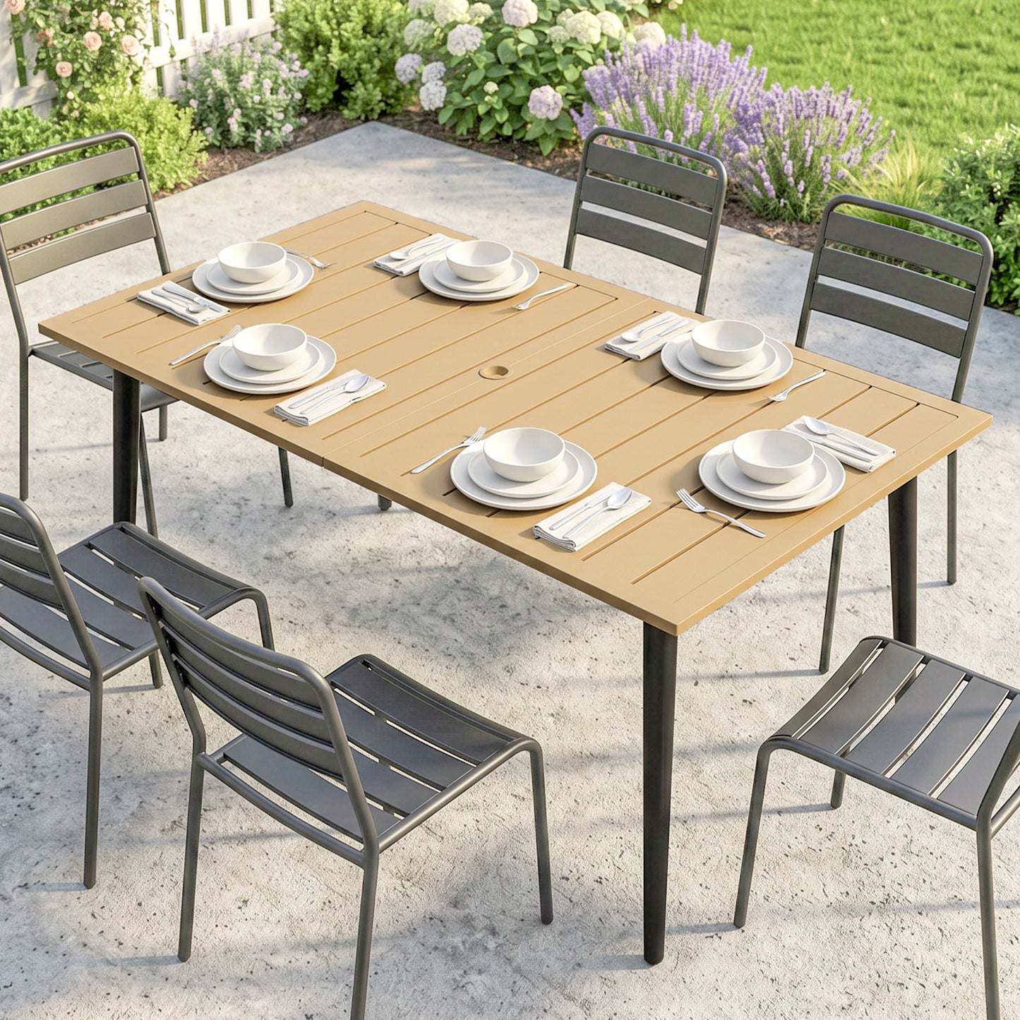 Garden Dining Table, 150 x 90 cm Rectangle Outdoor Table with 5 cm Parasol Hole
