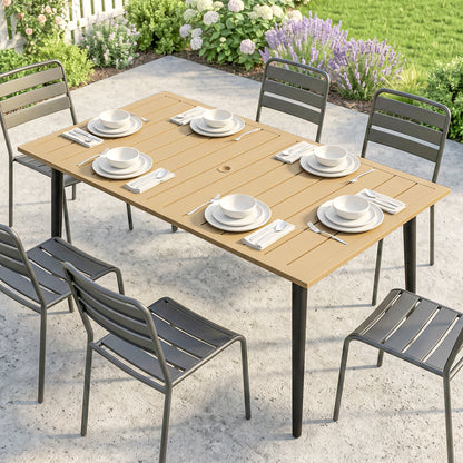 Garden Dining Table, 150 x 90 cm Rectangle Outdoor Table with 5 cm Parasol Hole