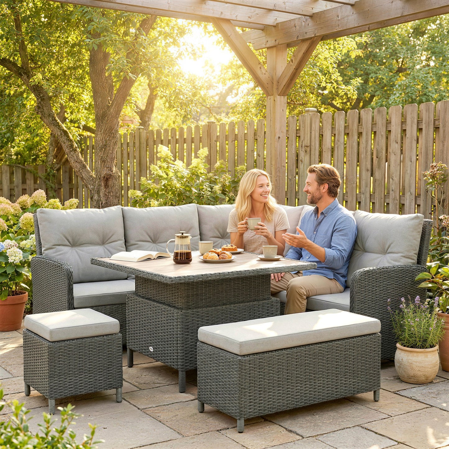 6 Pieces Outdoor PE Rattan Garden Furniture, Patio Wicker Sectional Conversation Corner Sofa