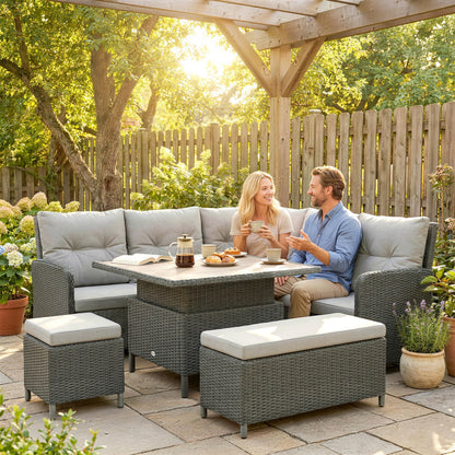 6 Pieces Outdoor PE Rattan Garden Furniture, Patio Wicker Sectional Conversation Corner Sofa