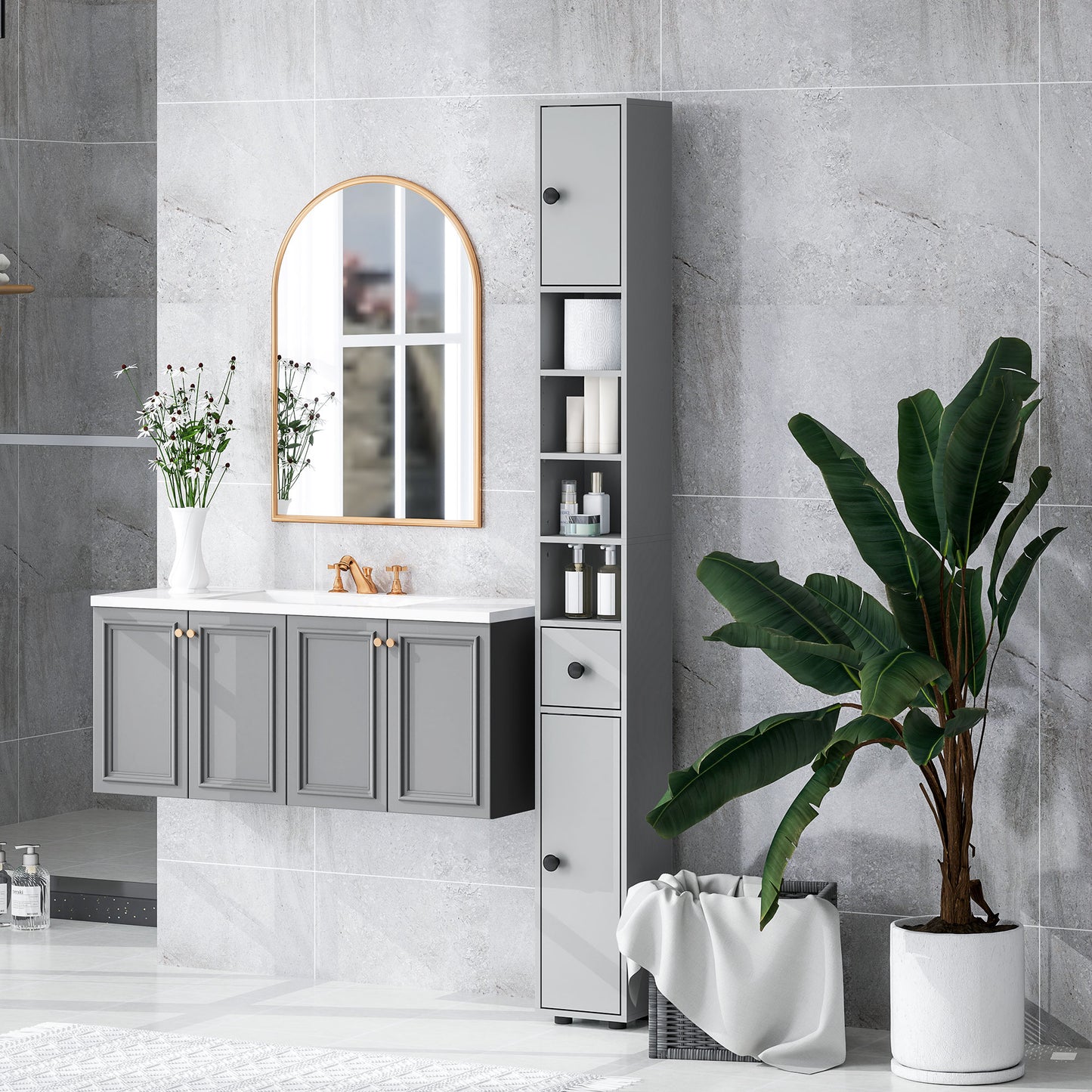 180cm Slim Bathroom Cabinet, with Drawer, Shelves and Cupboards - Grey