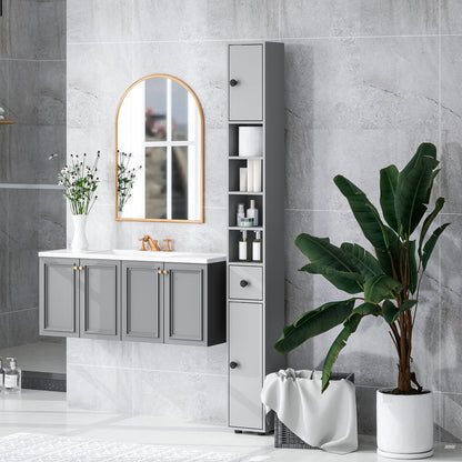 180cm Slim Bathroom Cabinet, with Drawer, Shelves and Cupboards - Grey