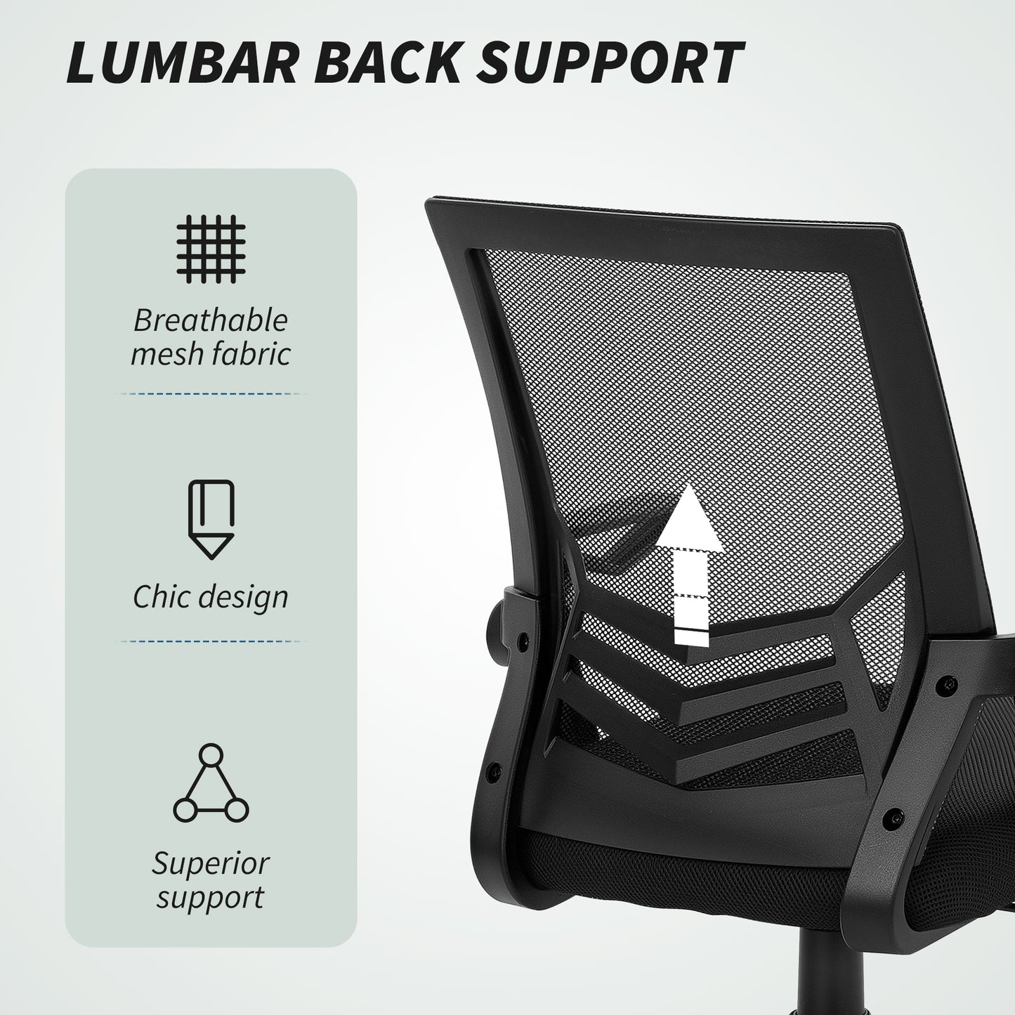 Mesh Office Chair, Computer Desk Chair with Flip-up Armrests, Lumbar Back Support and Swivel Wheels, Black
