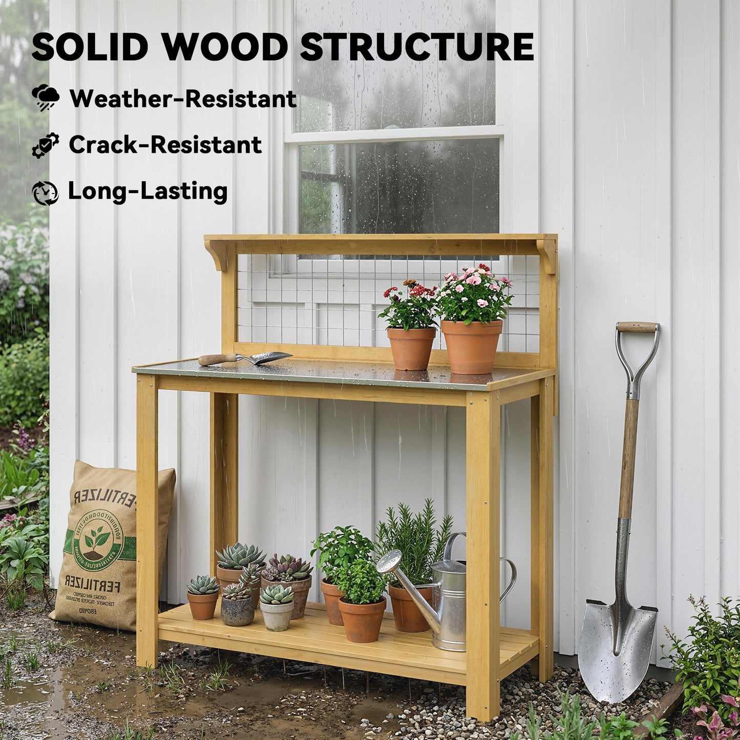 Wooden Potting Bench Table with Aluminium Worktop, Outdoor Garden Workbench with 2 Shelves