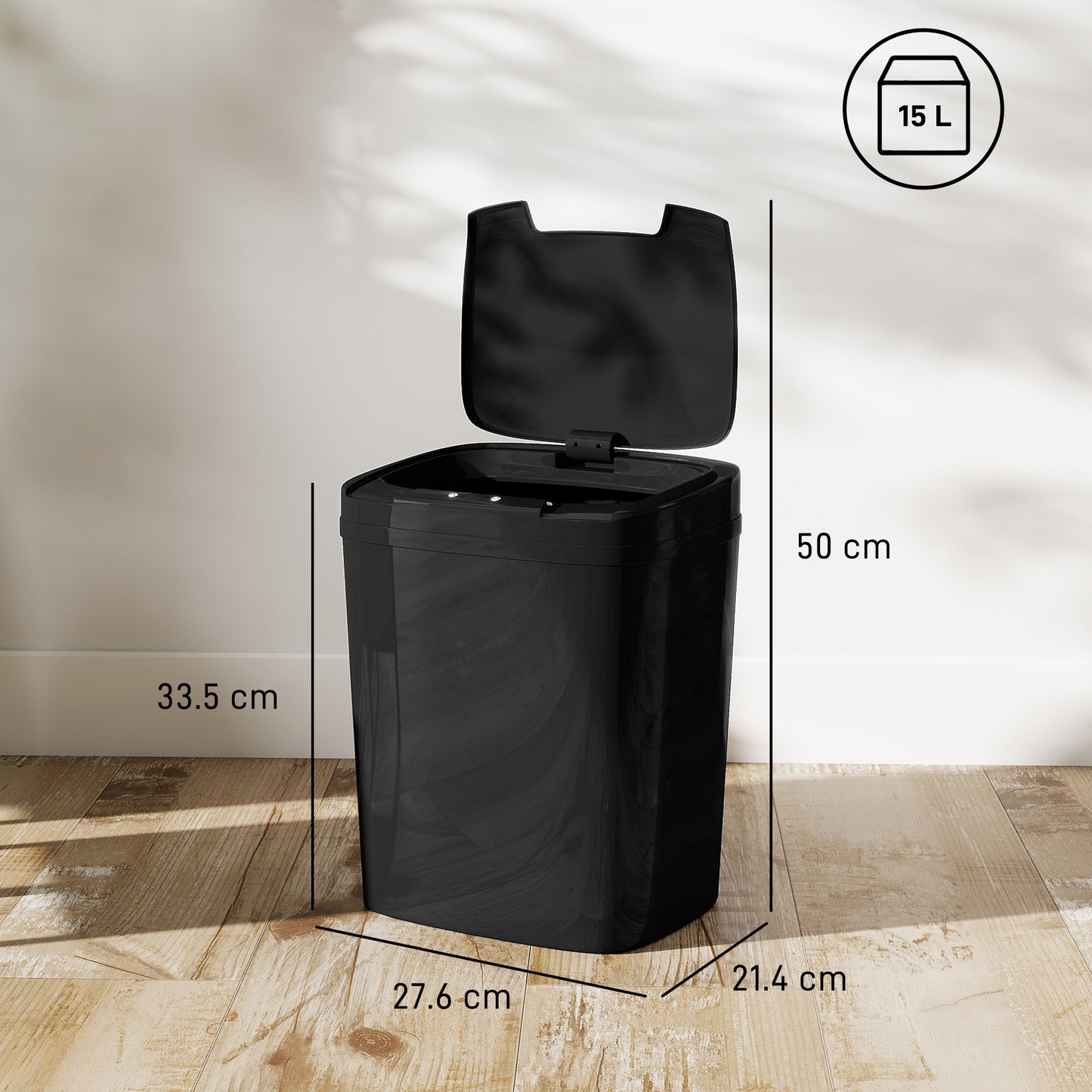 15L Sensor Bin, Automatic Touchless Kitchen Bin, Easy Clean, Battery Operated for Home Office, Bedroom, Bathroom, Black