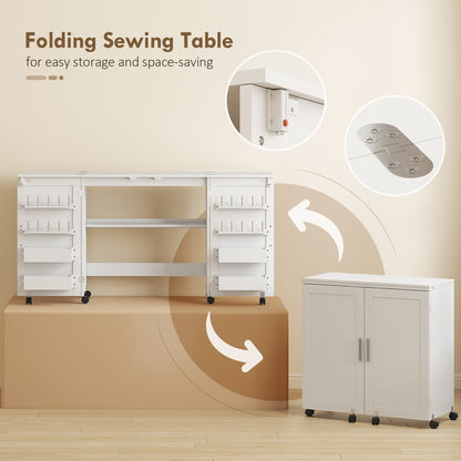 Folding Sewing Table with 2 Magnetic Doors, Storage Shelf, Lockable Wheels, Space Saving, White