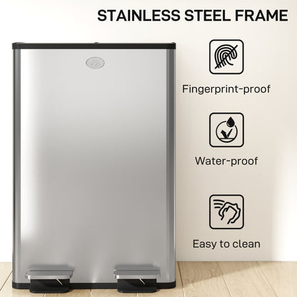 56L Dual Compartment Stainless Steel Bin, with Deodoriser Holders - Silver Tone