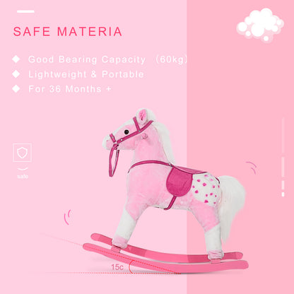 Baby Rocking Horse Plush Ride on Animals Rocker with Sound Handle Grip for Kids 3-6 Years - Pink