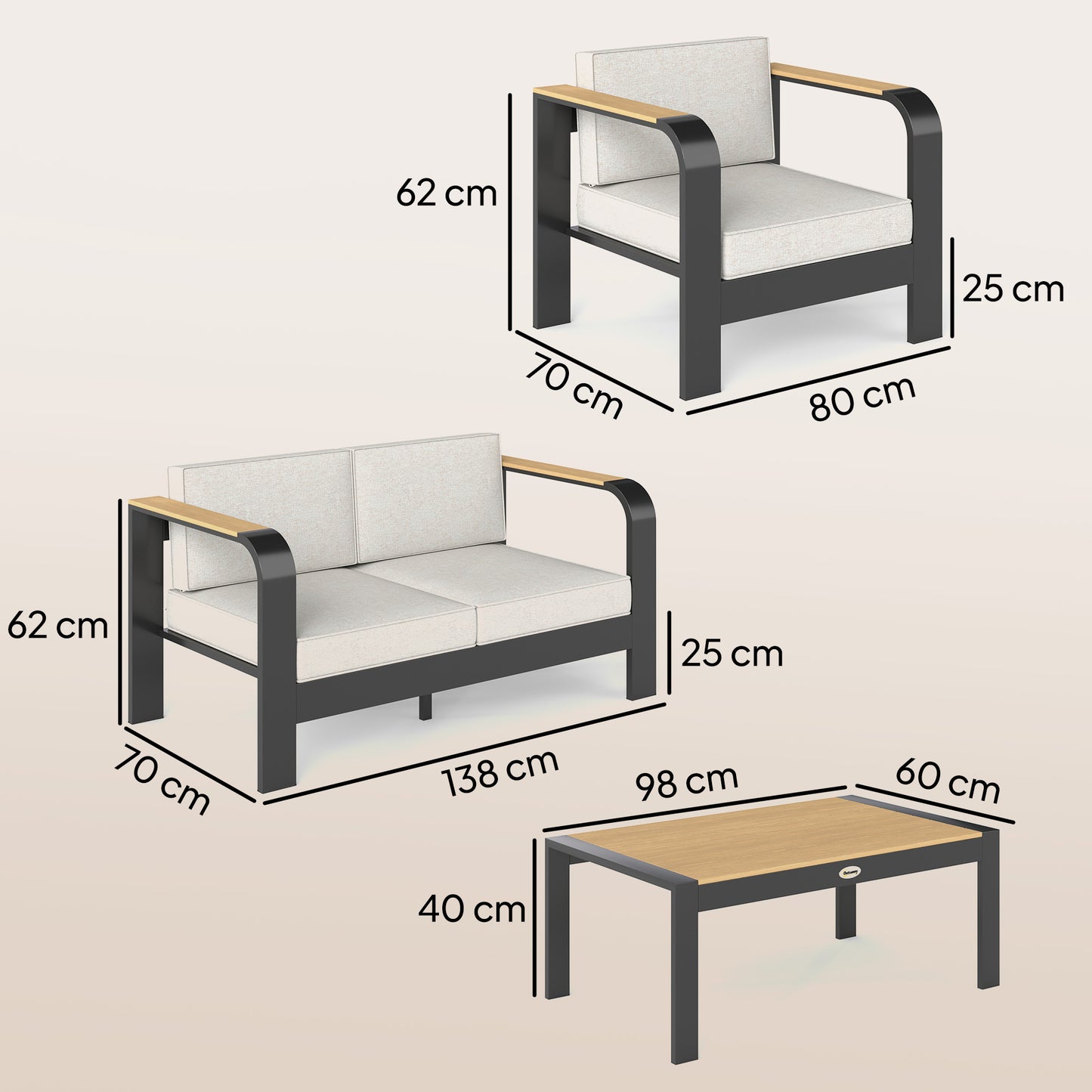 4 Seater Aluminium Garden Furniture Set with Olefin Cushions, Garden Sofa Set, Beige