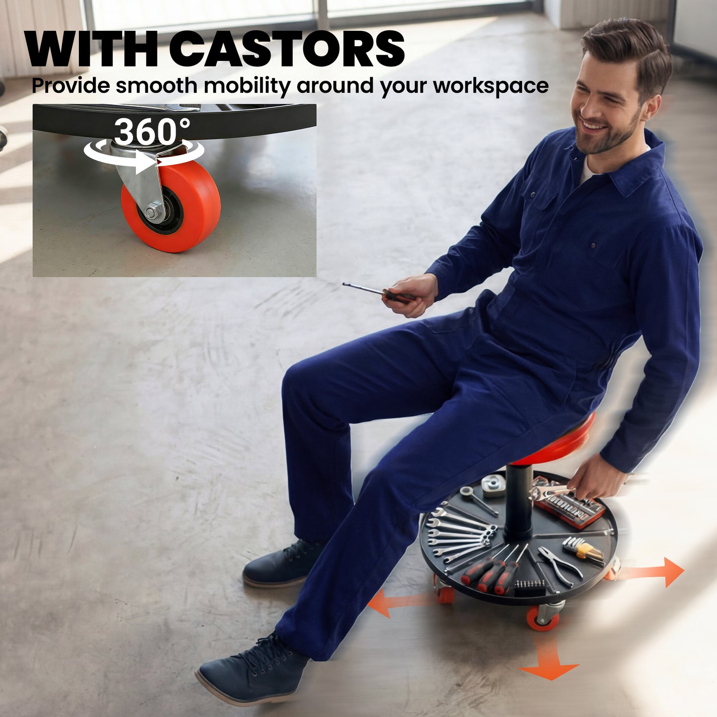 Rolling Mechanical Stool, Pneumatic Adjustable Workshop Stool with Tool Tray, Wheels - Orange