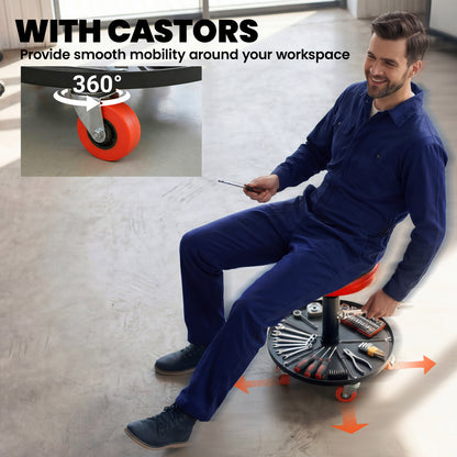 Rolling Mechanical Stool, Pneumatic Adjustable Workshop Stool with Tool Tray, Wheels - Orange