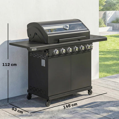 6+1 Burner Gas BBQ Grill, Outdoor Barbecue Trolley with Wheels, Warming Rack, Thermometer, Bottle Opener, Black