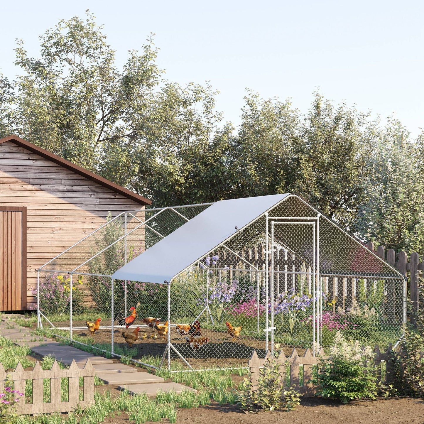 Large Hen Coop, Galvanised Walk In Chicken Run with Cover, 6 x 3 x 2m, Silver