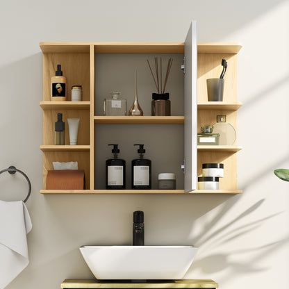 Bathroom Mirror Cabinet with Open Storage Shelves - Natural Wood Finish