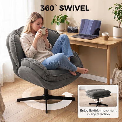 Armchair with Adjustable Footstool, 360° Swivel Chenille Cloud Accent Chair with Thick Cushion, Steel Base, Grey