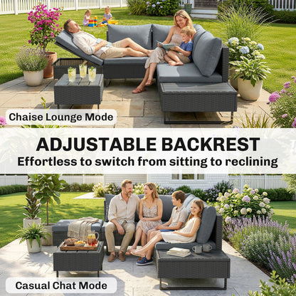 5 Seater Rattan Garden Furniture Set, L Shaped Garden Corner Sofa, Adjustable Back, Faux Wood Table, Dark Grey