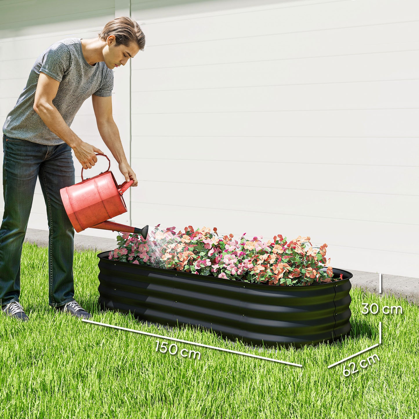 Galvanised Raised Garden Bed, Metal Planter Box with Safety Edging, for Flowers, Herbs, Succulents, Black