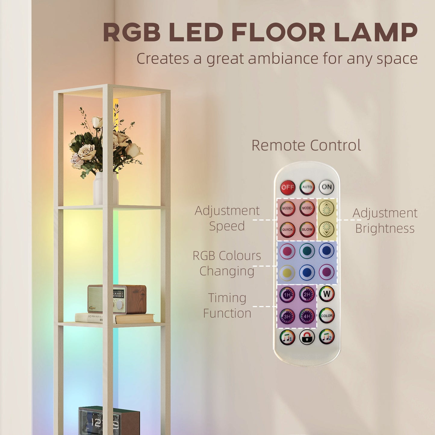RGB LED Floor Lamp with Shelves, Modern Dimmable Standing Lamp with Remote Control