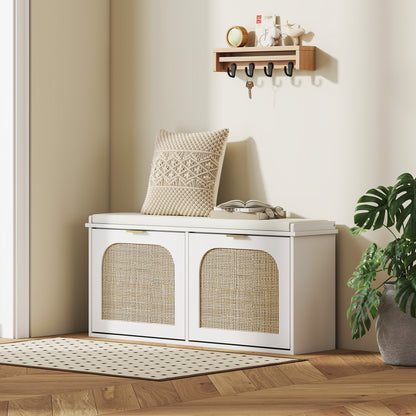 Boho Shoe Bench with Padded Seat and 2 Flip-Drawers - White
