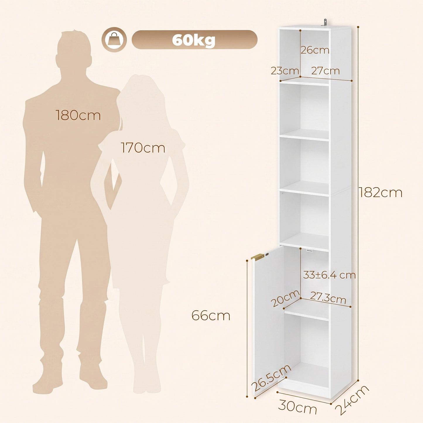 Bookcase Adjustable Shelf Bookshelf Anti-Tip Hardware 6-Tier Storage Cabinet White Wood Effect
