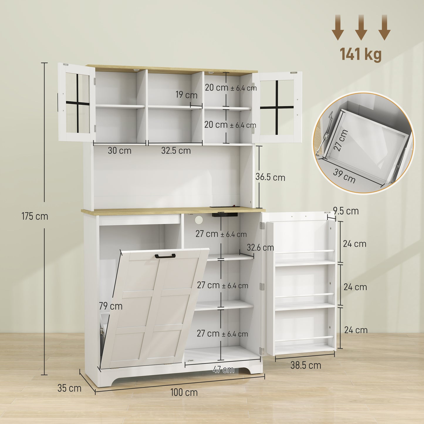 175cm Tall Kitchen Cabinet, Kitchen Cupboard with Rubbish Bin Cabinet, 3 Door Shelves and 2 Acrylic Doors, White