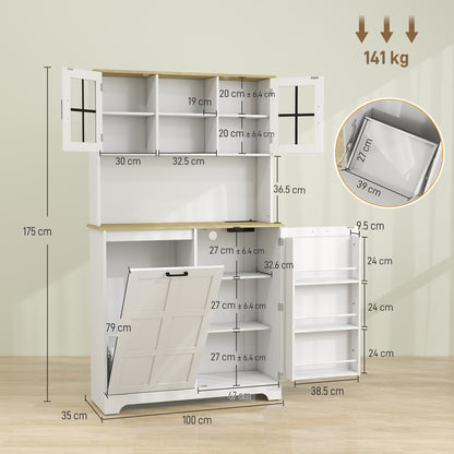 175cm Tall Kitchen Cabinet, Kitchen Cupboard with Rubbish Bin Cabinet, 3 Door Shelves and 2 Acrylic Doors, White
