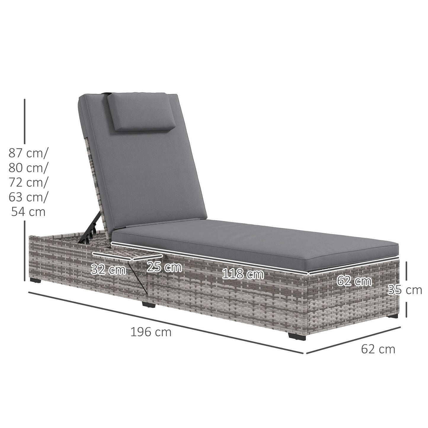 Outdoor Patio PE Rattan Lounger with Cushion, 5-Level Reclining Wicker Rattan Sun Lounger with Tea Tray, for Poolside, Patio