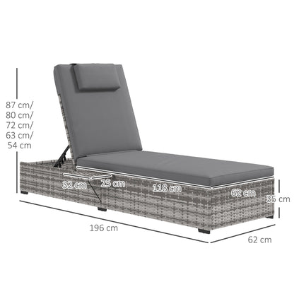 Outdoor Patio PE Rattan Lounger with Cushion, 5-Level Reclining Wicker Rattan Sun Lounger with Tea Tray, for Poolside, Patio