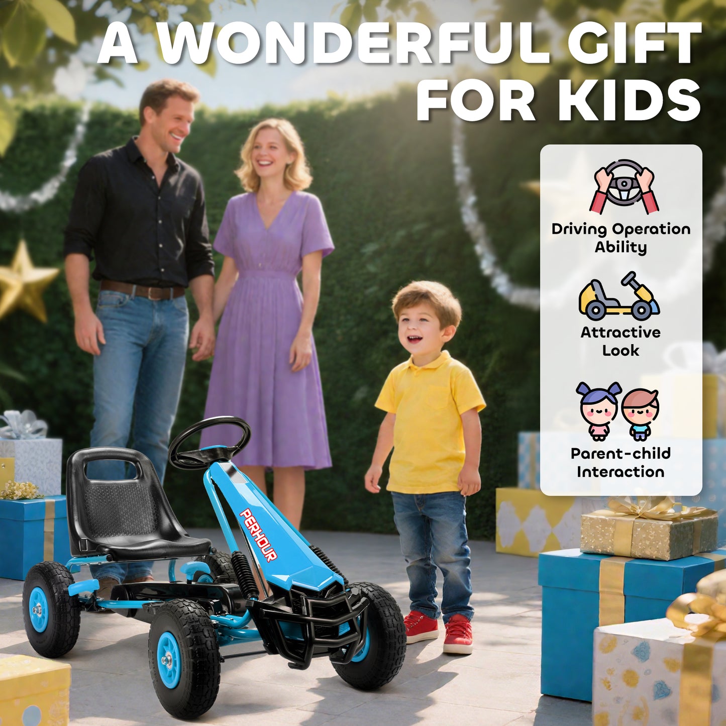 Kids Pedal Go Kart with Adjustable Seat, EVA Tyres, Manual Clutch, Brake, Go Kart for Kids 3-8 Years, Blue