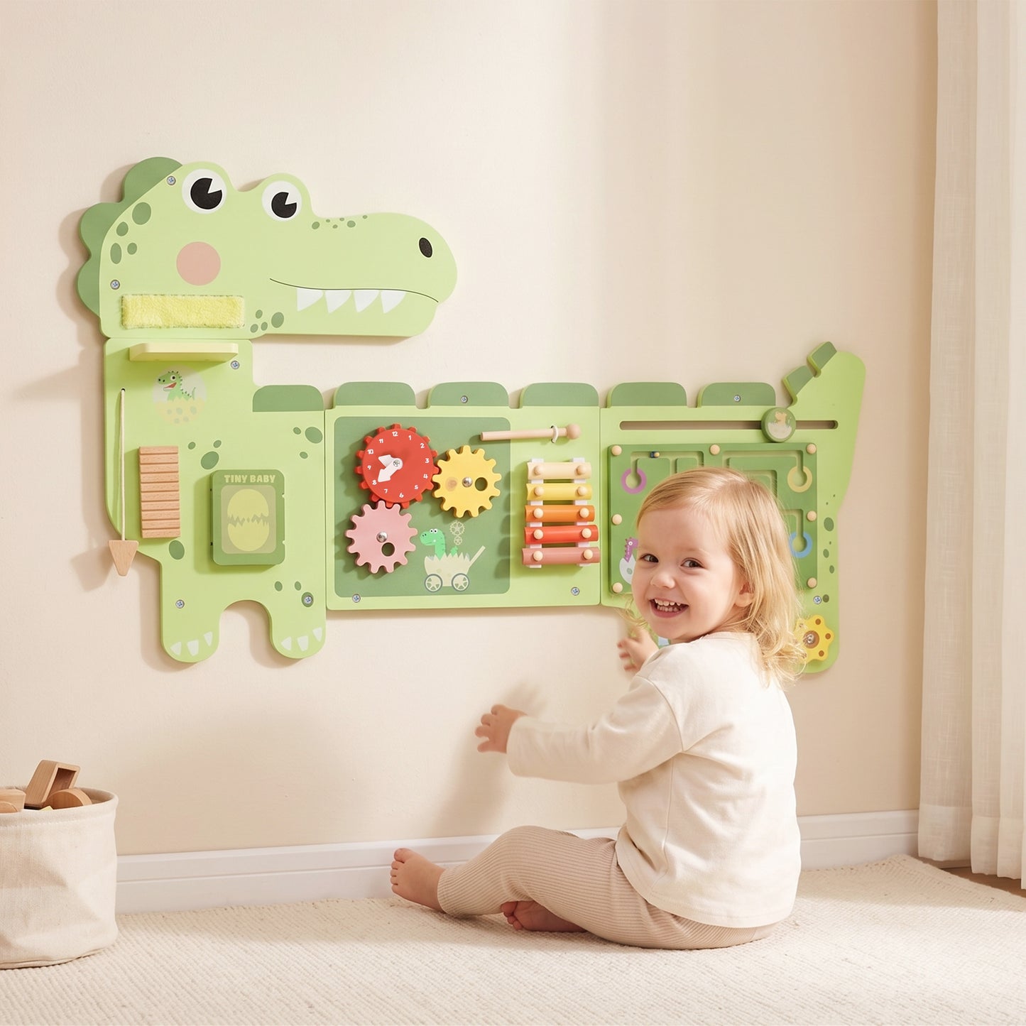 Busy Board Panels, Wall Mounted Montessori Inspired Busy Board, Toddler Learning Centre Dinosaur Theme, Green