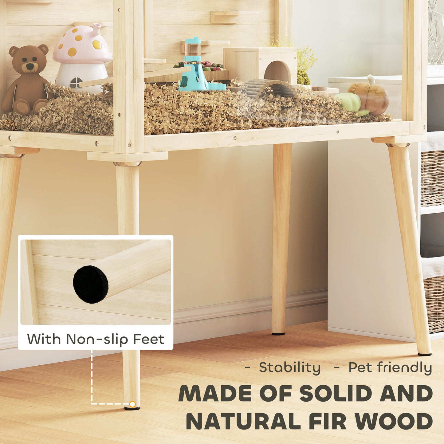 Wooden Hamster Cage, Hamster Habitat with Openable Top, Seesaws, Platforms, Water Bottle for Gerbils, 110 x 52 x 101 cm