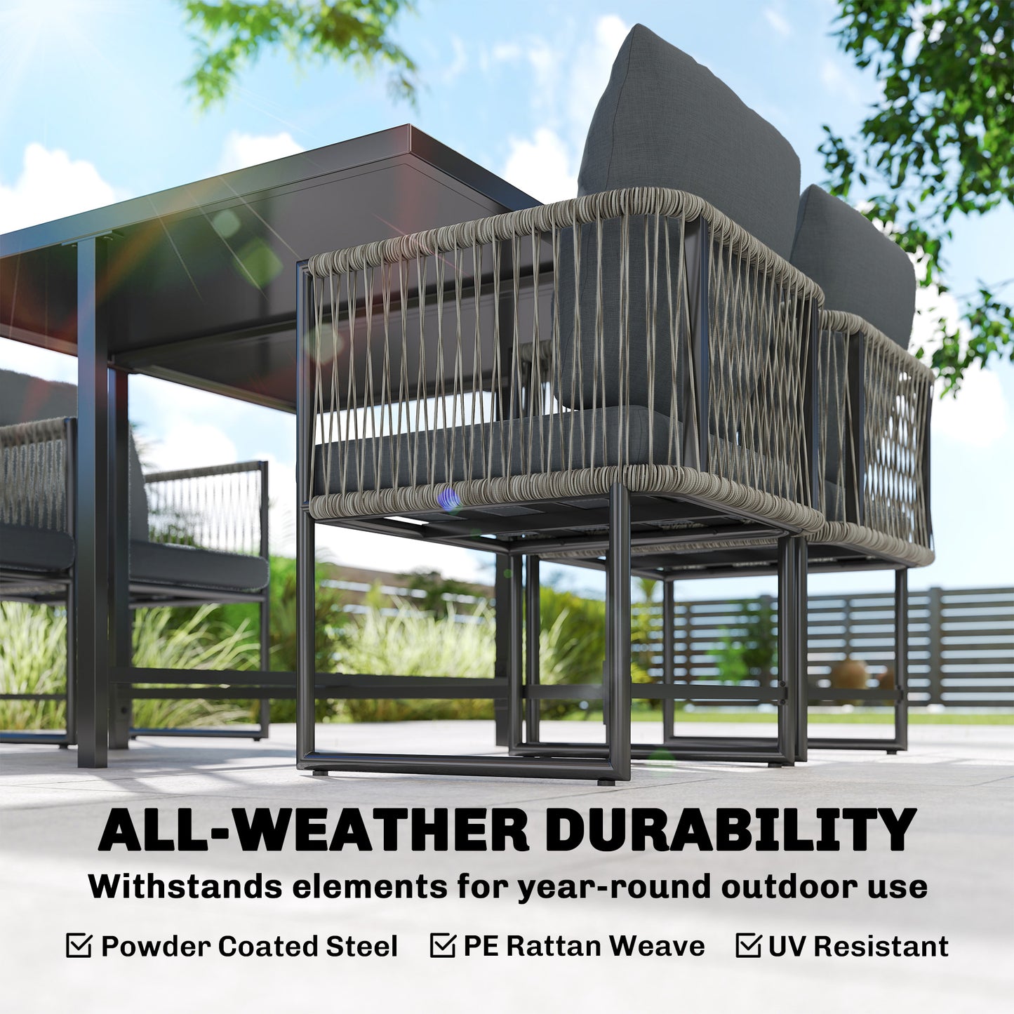 4-Seater Garden Dining Set, Rattan Outdoor Furniture with Space-Saving Chairs and Thick Cushions for Patio Balcony, Black