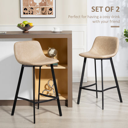 Bar Stools Set of 2, PU Leather Dining Stools with Backrest, Footrest, for Kitchen, Counter, Breakfast Bar, Light Brown