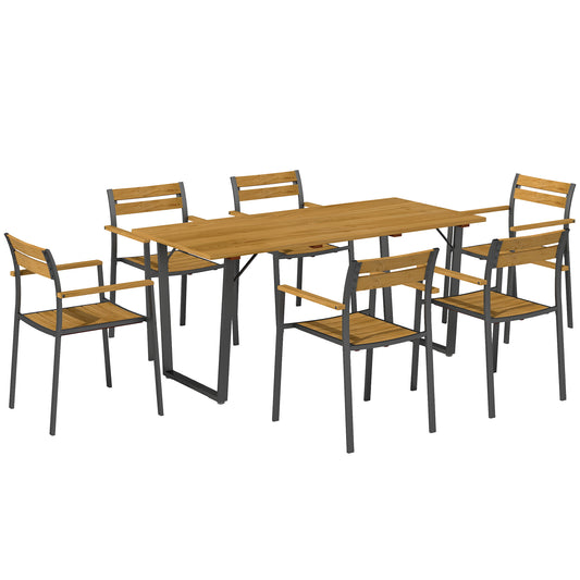 Seven-Piece Wood Panel Patio Dining Set with ⌀5 cm parasol hole - Brown/Black