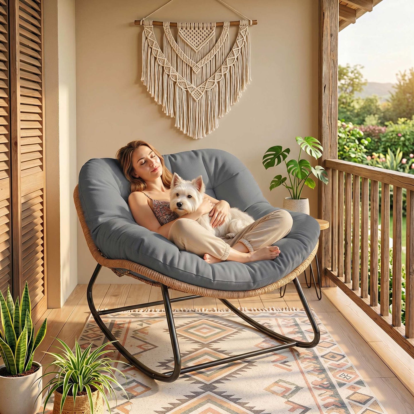 Indoor Outdoor Rocking Chair, Oversized Rocking Egg Chair with Cushion for Living Room, Garden, Patio, Grey