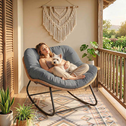 Indoor Outdoor Rocking Chair, Oversized Rocking Egg Chair with Cushion for Living Room, Garden, Patio, Grey