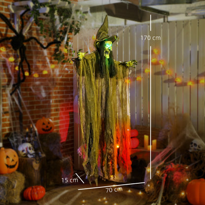 170 cm Life Size Hanging Halloween Animated Witch with Glowing LED Eyes, Spooky Witch Scary Halloween Decorations