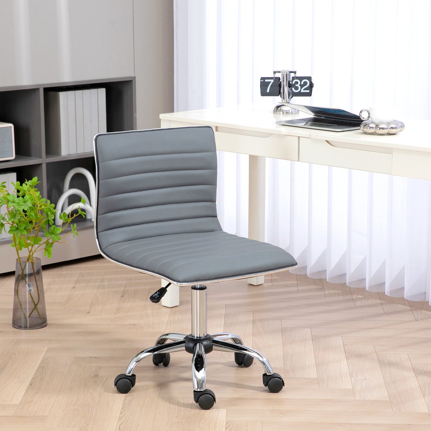 Armless Task Desk Chair, Swivel Office Chair with Faux Leather, Adjustable Seat Height, Chrome Base, Wheels for Home