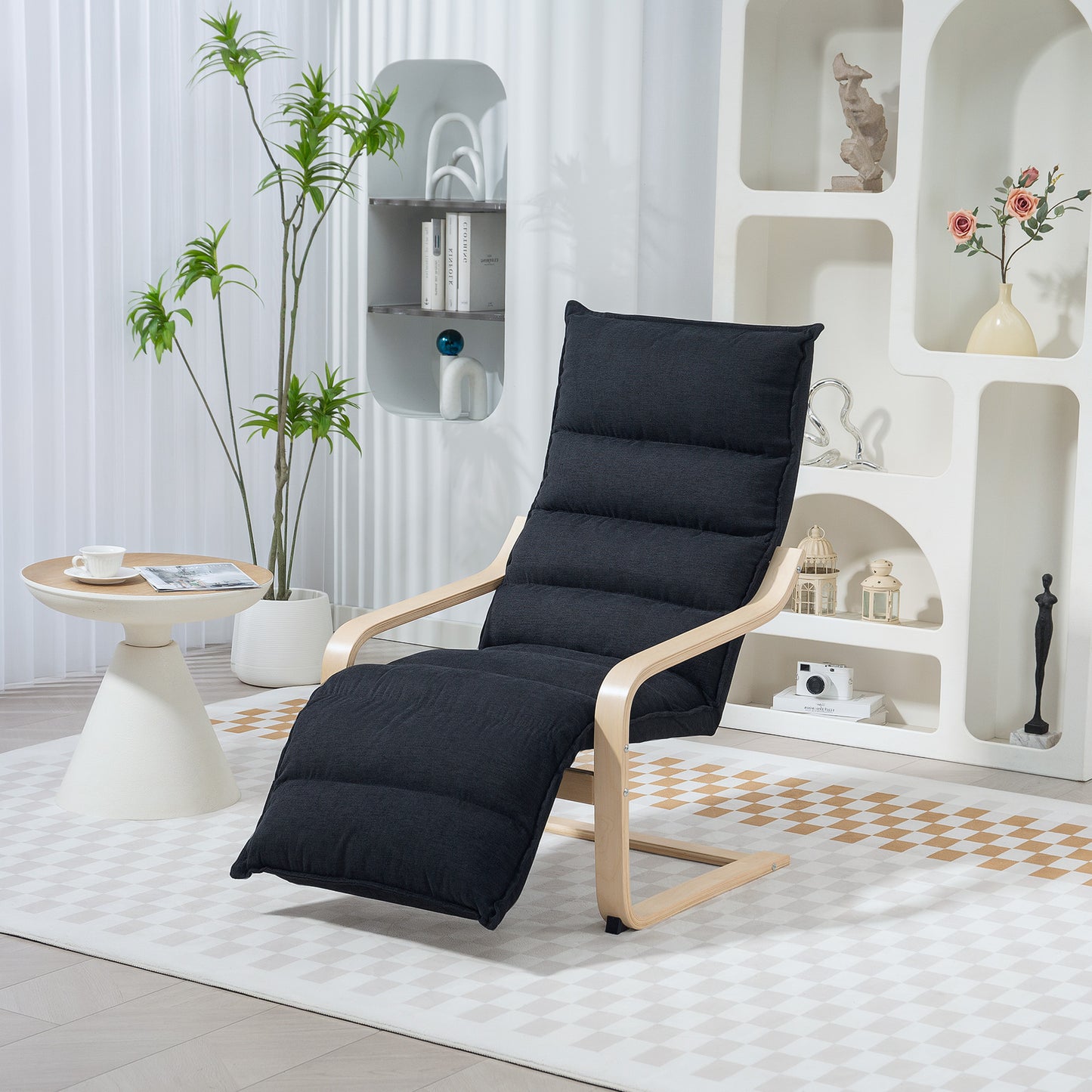 Curved Wooden Accent Chair, with Adjustable Footrest - Black