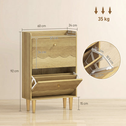 Narrow Shoe Cabinet, Modern Shoe Storage Cabinet with 2 Flip Drawers, Oak