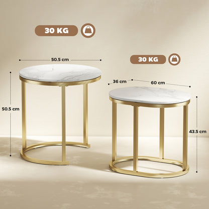 Nest of Tables with Steel Frame and Faux Marble Tabletop, Modern Coffee Table Set of 2, Gold Tone/White