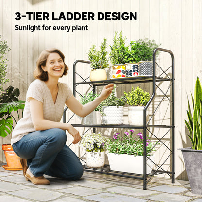 3-Tier Metal Plant Stand, Heavy Duty Ladder Shelf Potted Plants Display Rack, Indoor Outdoor Flower Pot Holder