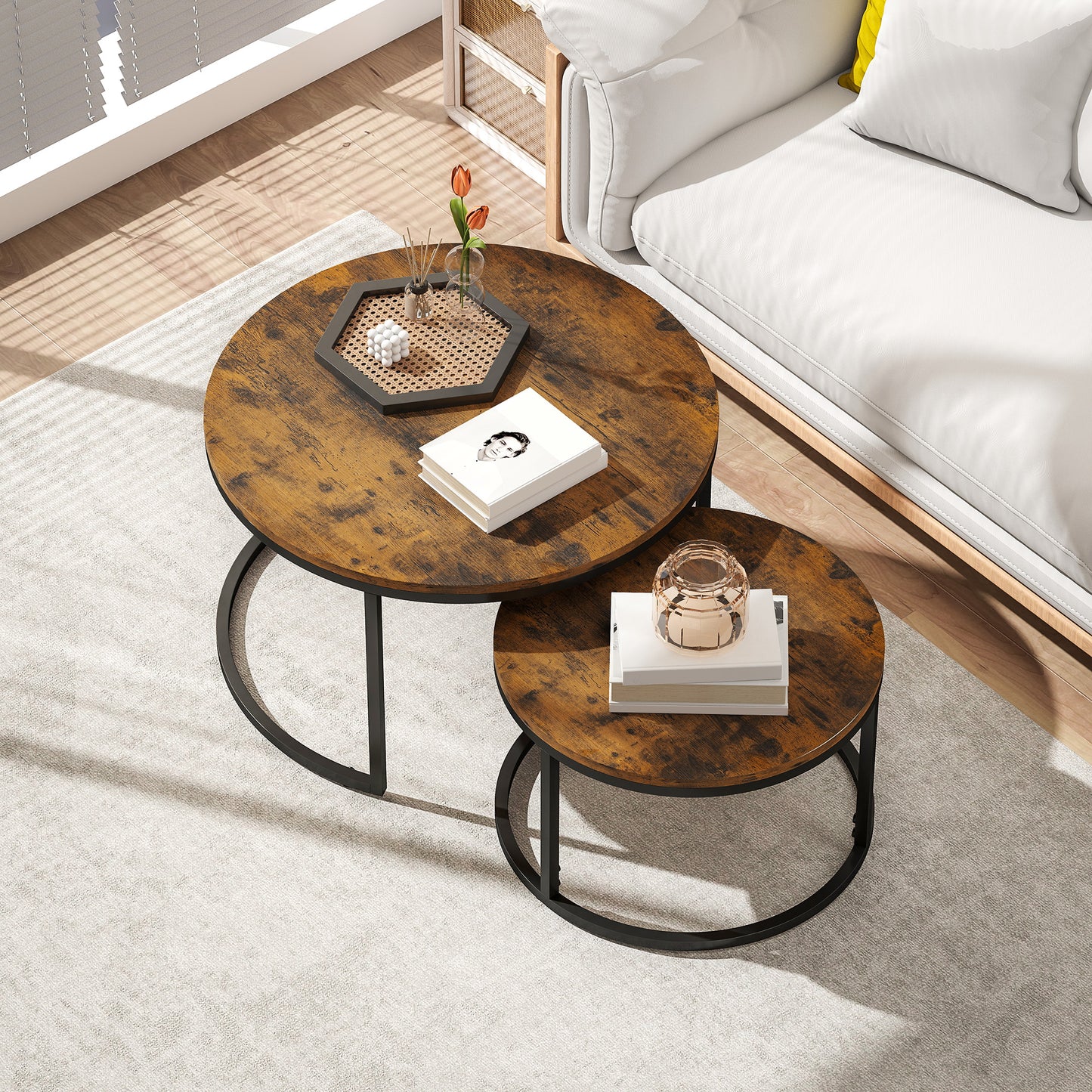 Set of Two Wood-Effect Stacking Tables - Rustic Brown