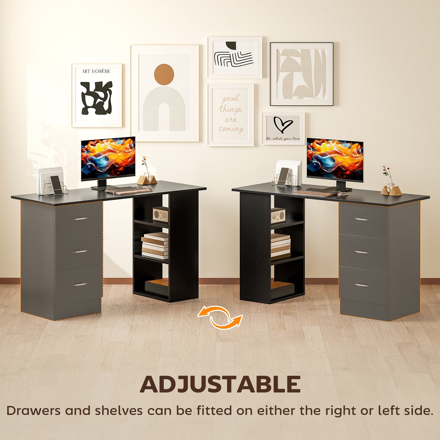 Computer Desk with Drawers, Home Office Desk, Writing Table, PC Workstation with 3 Storage Shelves for Working, Study