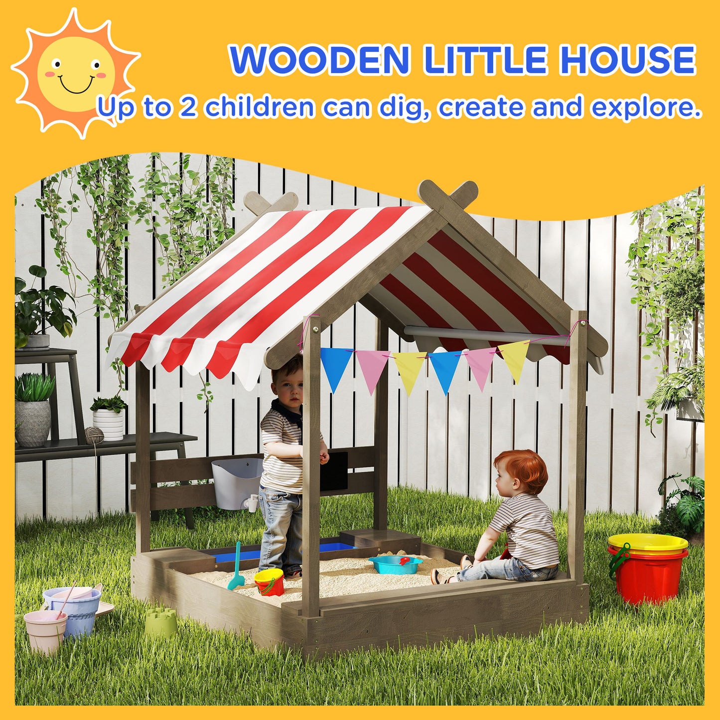 House-Designed Wooden Sandbox, Outdoor Sandpit, with Blackboard, Toys, Sink, Seats, Flags, for Ages 3-7 Years - Grey