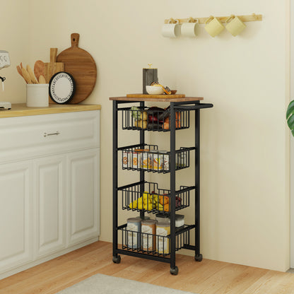 Four Basket Mobile Kitchen Island, with Brakes - Oak/Black