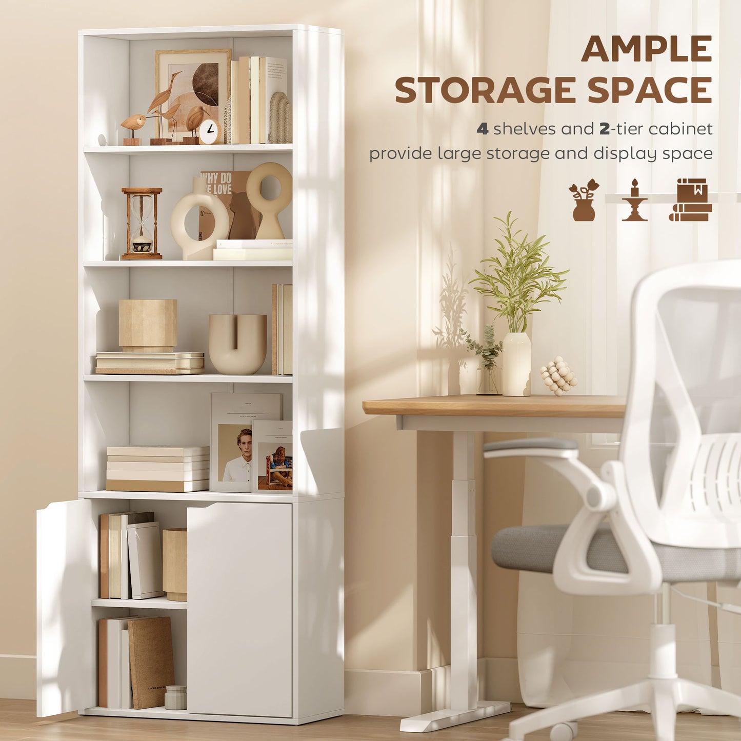 6-Tier Tall Bookcase, Bookshelf with 4 Open Shelves and Double Door Storage Cabinet
