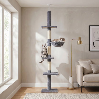 Floor to Ceiling Cat Tree 230-260cm Height Adjustable, 5-Tier Cat Tower with Scratching Posts, Hammock, Perches